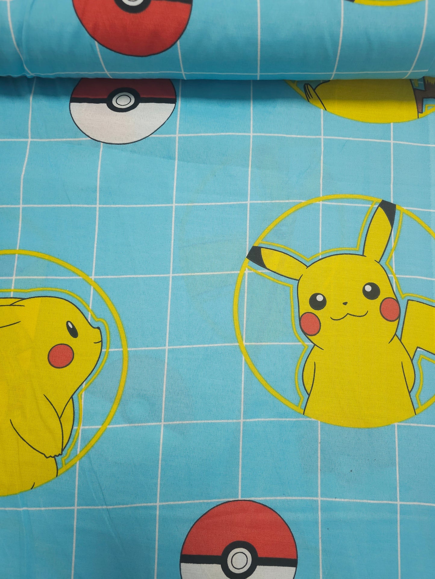 Light Blue Pokemon Check 100% Cotton 110"