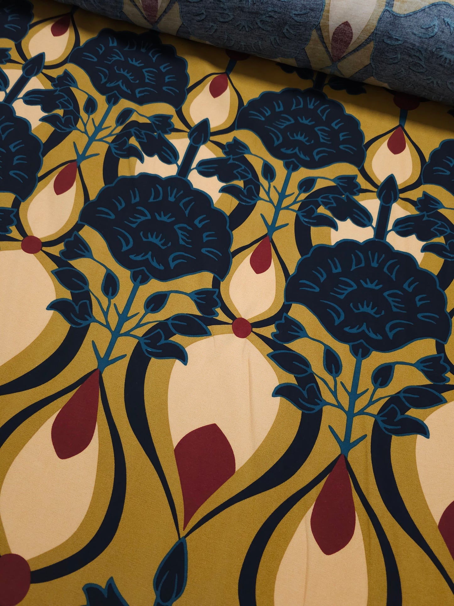 *PRE-ORDER* Deep Mustard/Teal Droplet Floral Twine Viscose Challis