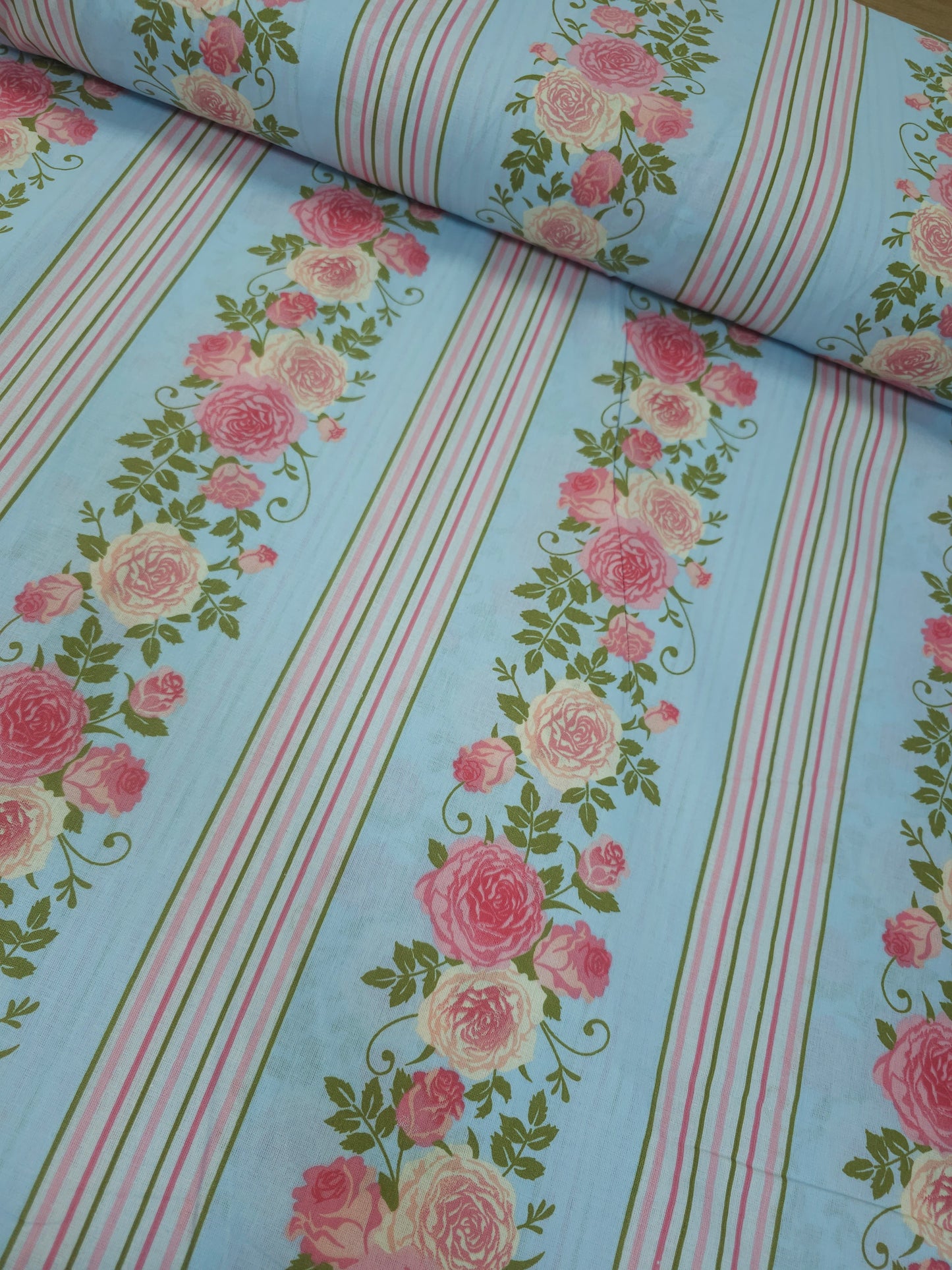 Light Blue/Pink Rose Floral Stripe 100% Cotton 110"