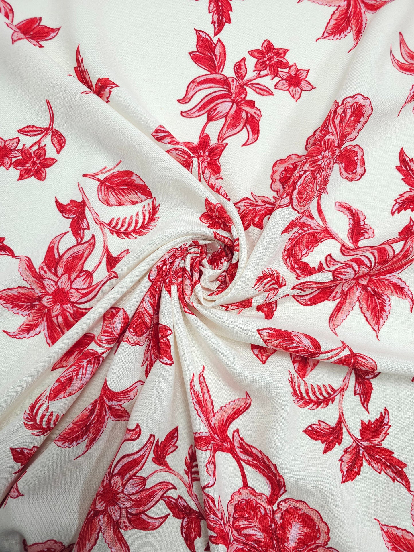 Pinky Red/White Exotic Floral Viscose Linen