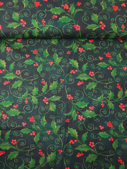 Christmas Holly Scroll 100% Cotton