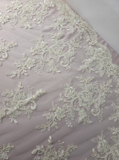 *Hannah* Cream Embroidered Floral Branch Sequin Lace