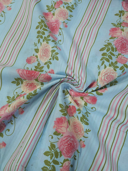 Light Blue/Pink Rose Floral Stripe 100% Cotton 110"