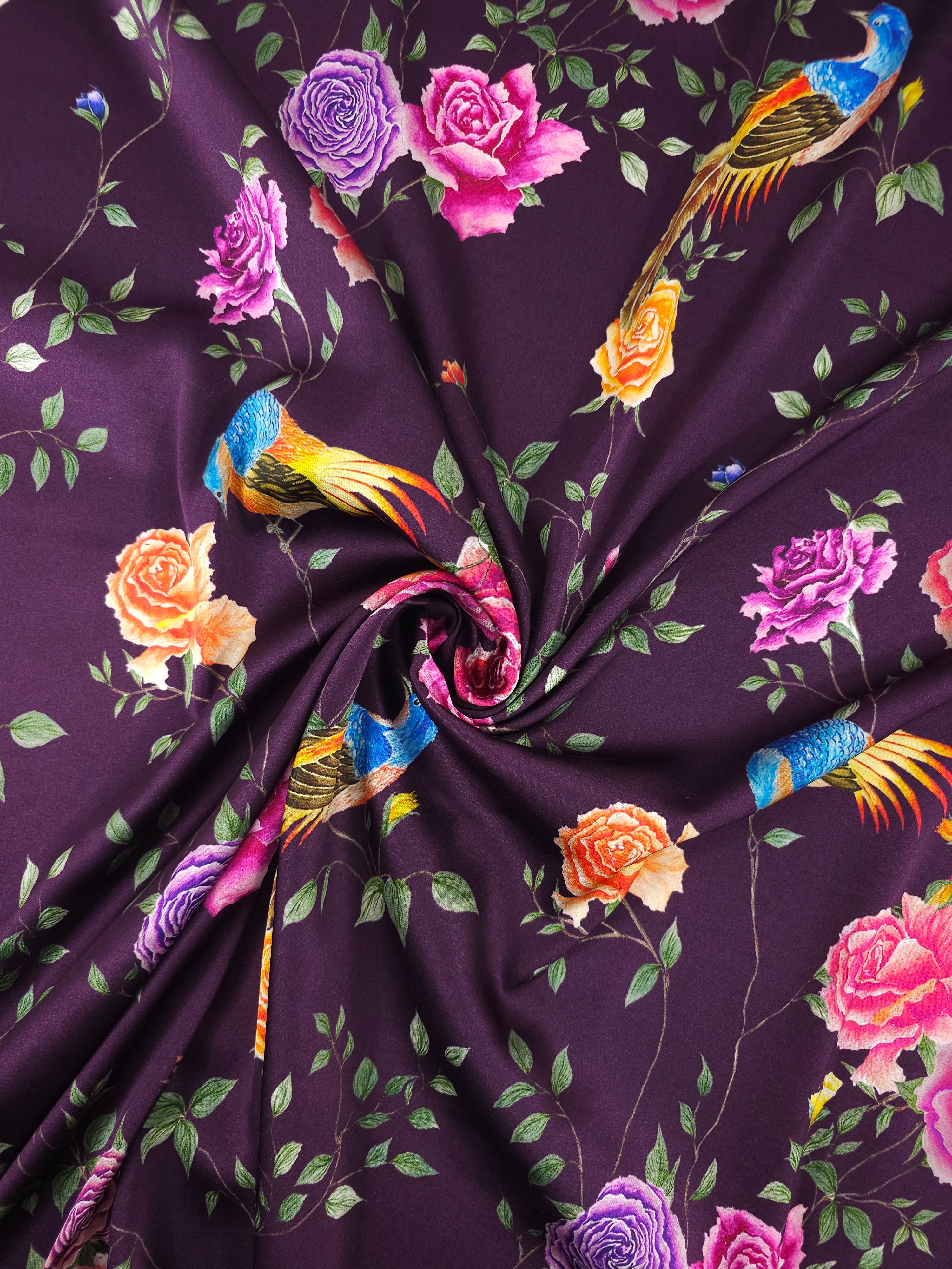 Dark Purple Bird Floral Viscose Satin Stretch