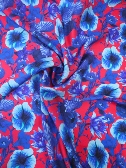 Red/Blue Shell Floral Poly Satin Twill