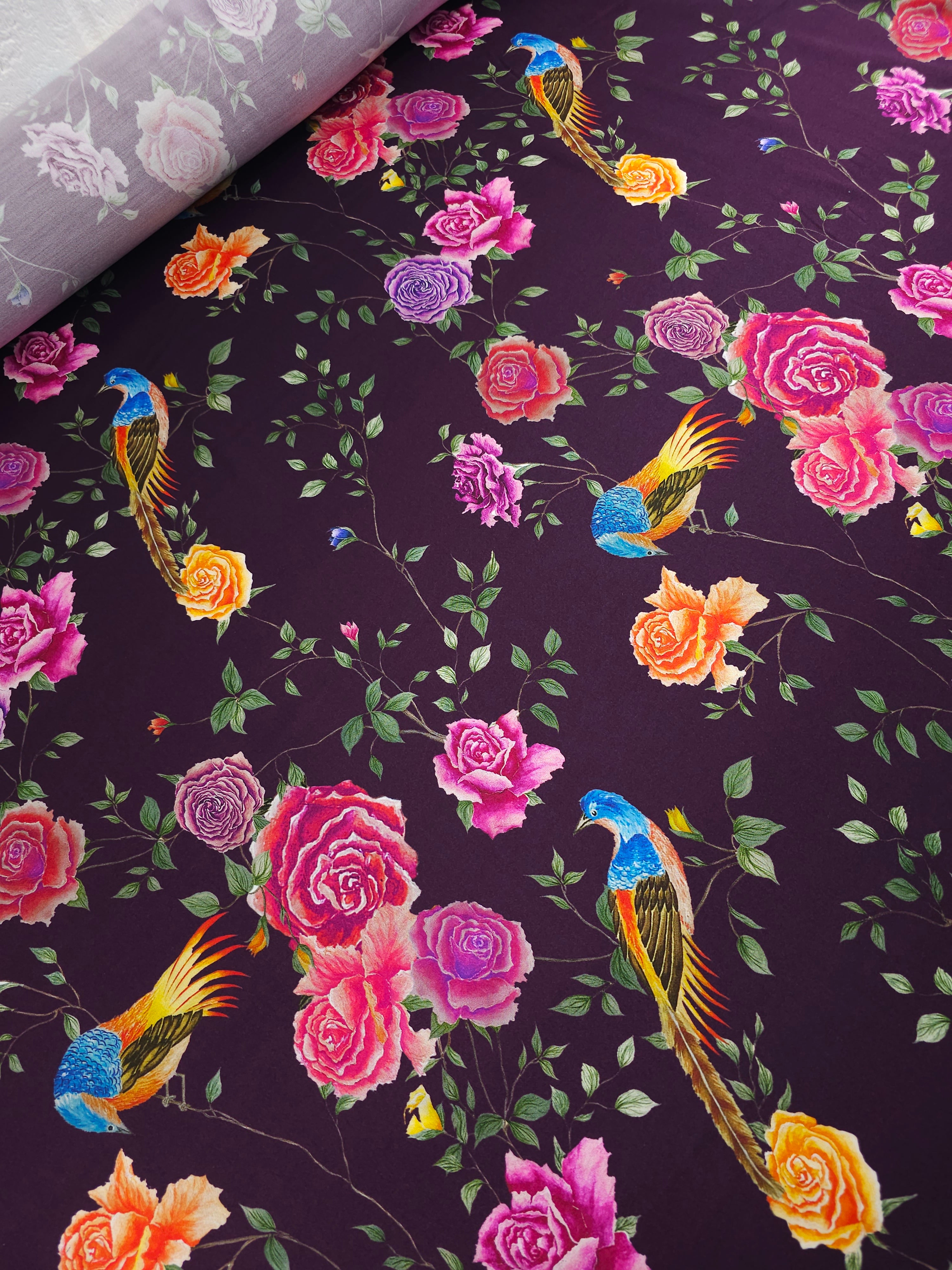 Dark Purple Bird Floral Viscose Satin Stretch