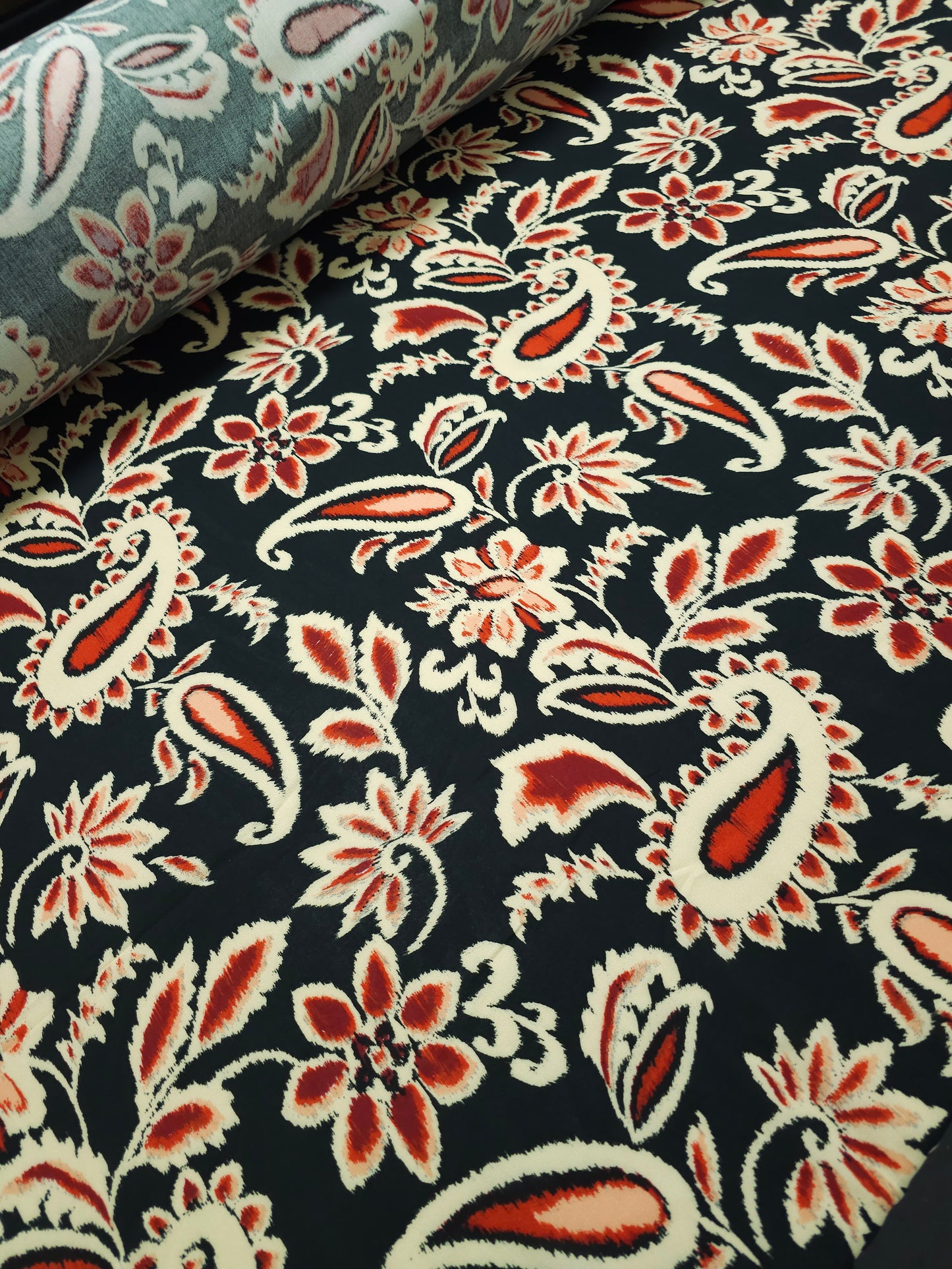 Greenish Black/Rust Static Paisley Floral Viscose Challis