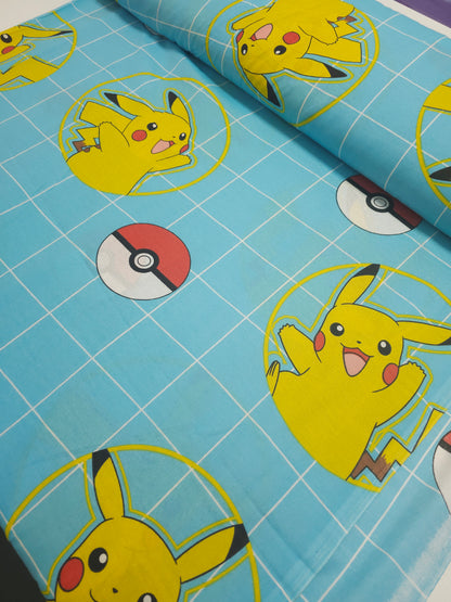 Light Blue Pokemon Check 100% Cotton 110"