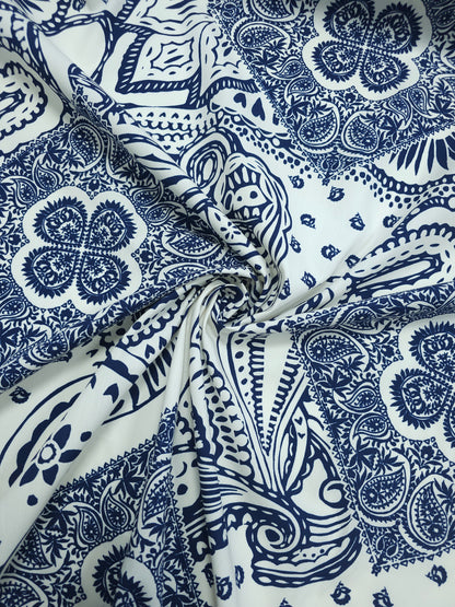 Navy/Off-White Paisley Damask Cotton Poplin