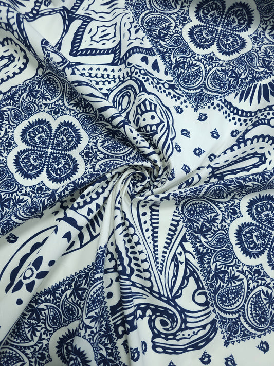 Navy/Off-White Paisley Damask Cotton Poplin