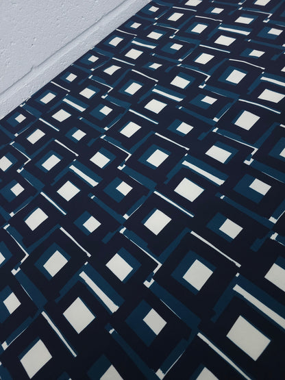 Teal/Navy Geometric Square Brushed Cotton Twill