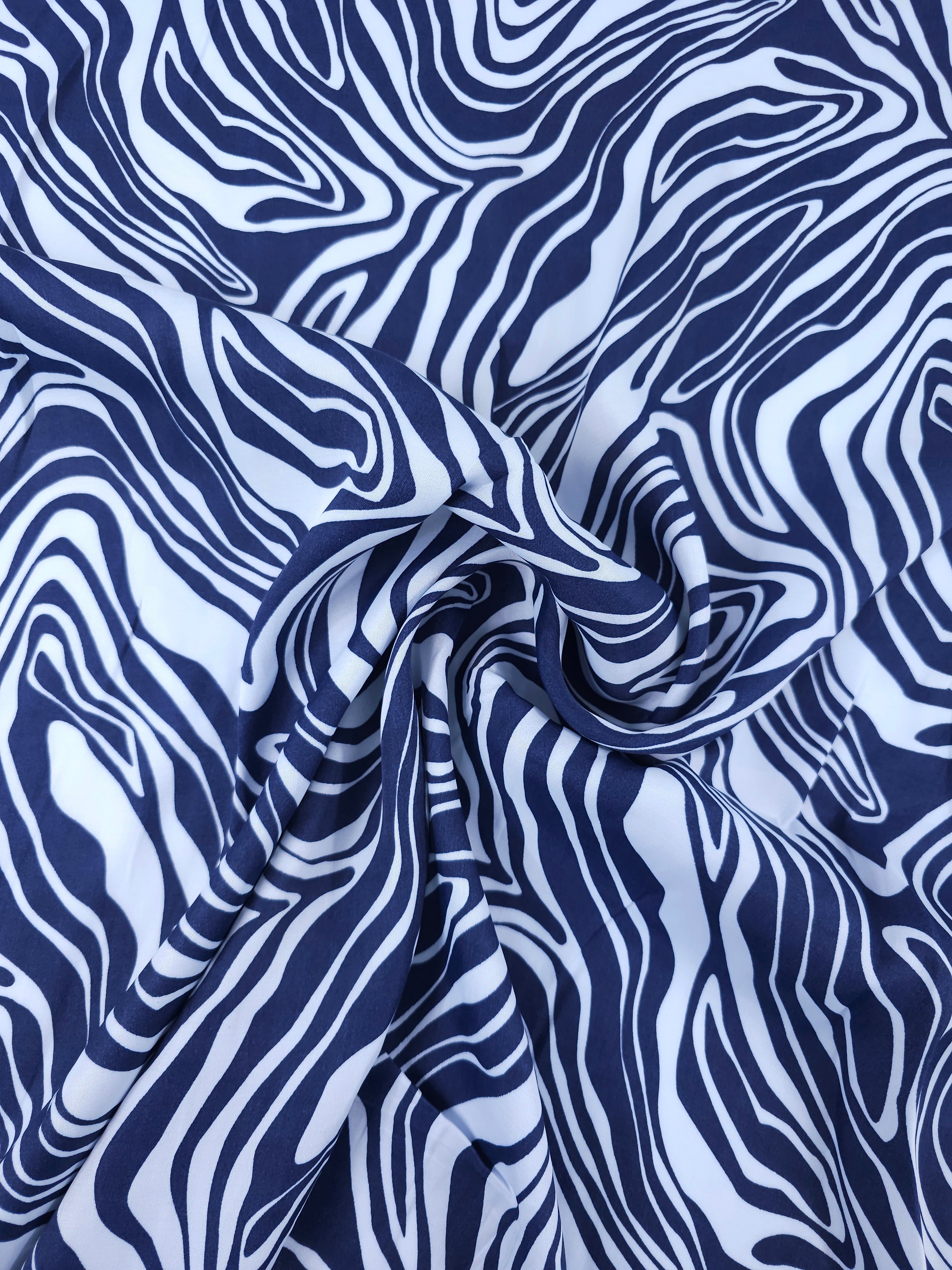 Baby Blue/Navy Zebra Stripe Viscose Satin