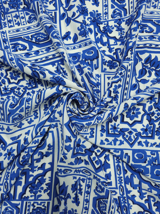 Ivory/Blue Greek Tile Viscose Crepe