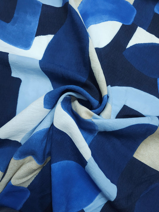 Blue/Beige Abstract Shapes Viscose Crepe