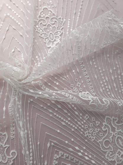 *Zara* White Embroidered Damask Stripe Lace