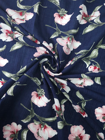 Navy/Pink Floating Flower Lightweight Cotton Linen