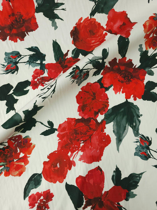 Red/Off-White Watercolour Floral Cotton Sateen